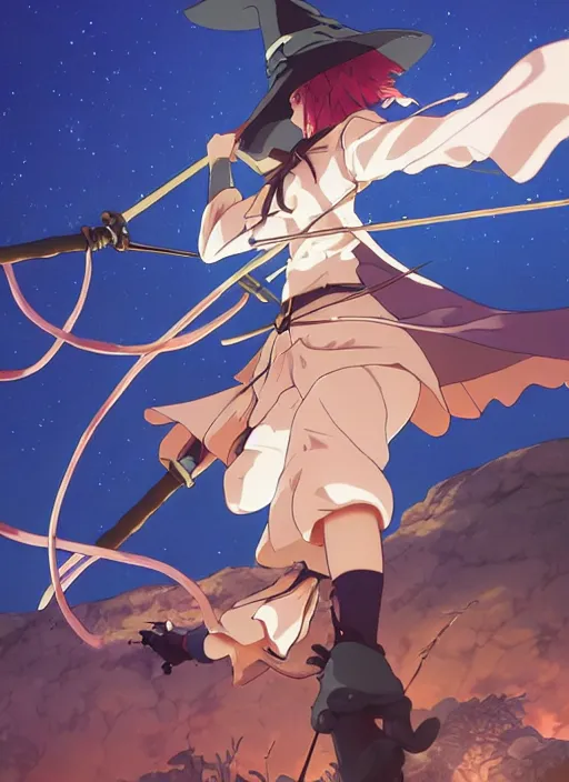 Prompt: key anime visual portrait of an adult witch defending a camp, dynamic pose, cinematic, film grain, designed by yoh yoshinari, detailed, intricate, at night