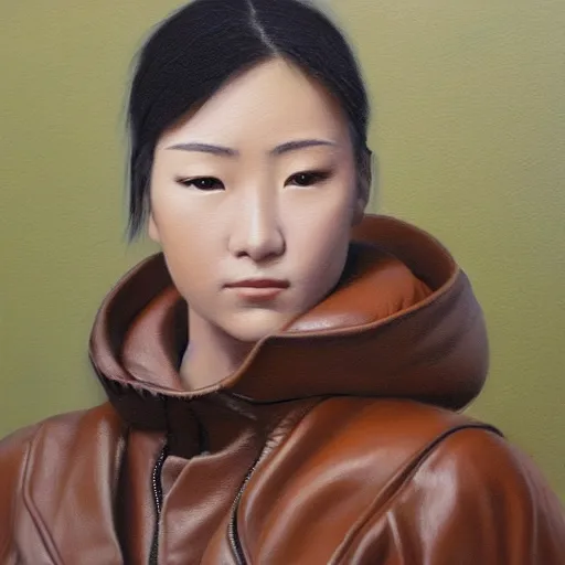 Image similar to perfect, realistic oil painting of close-up japanese young woman wearing leather jacket, in Dune Arrakis