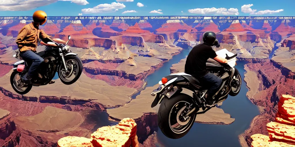 Image similar to a man on a motorcycle jumping the Grand Canyon, wide angle, super highly detailed, professional digital painting, artstation, concept art, smooth, sharp focus, no blur, no dof, extreme illustration, Unreal Engine 5, Photorealism, HD quality, 8k resolution, cinema 4d, 3D, beautiful, cinematic, art by artgerm and greg rutkowski and alphonse mucha and loish and WLOP