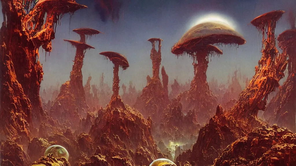 Image similar to surreal eerie alien planet empire with strange biomechanical plants by frank frazetta and bruce pennington, cinematic matte painting