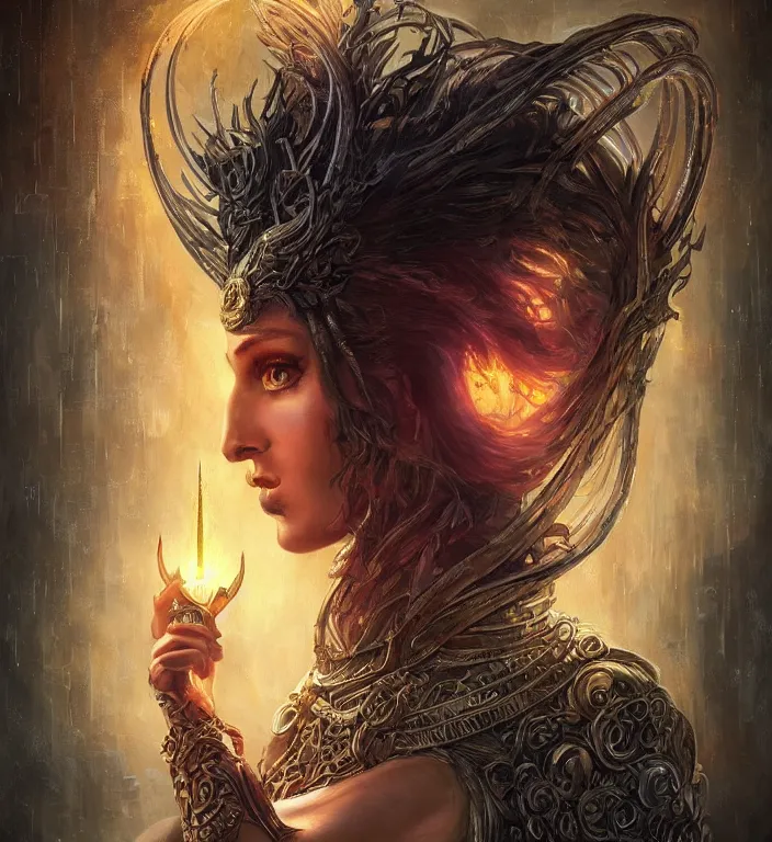 Image similar to unreal engine render of, centered Intricate portrait of a goddess, tarot card, dark souls colour scheme, luminal, smooth, coherent, high detailed, kerem beyit, Karol Bak, Chris Cold, james gurney, dan mumford, featured on artstation, instagram HD, unreal engine