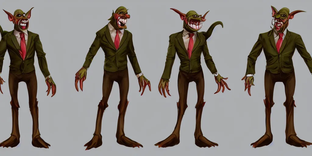 Image similar to Full body goblin, ripped suit, grinning, smile, concept sheet