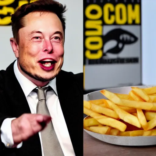 Image similar to elon musk went insane while eating white french fries