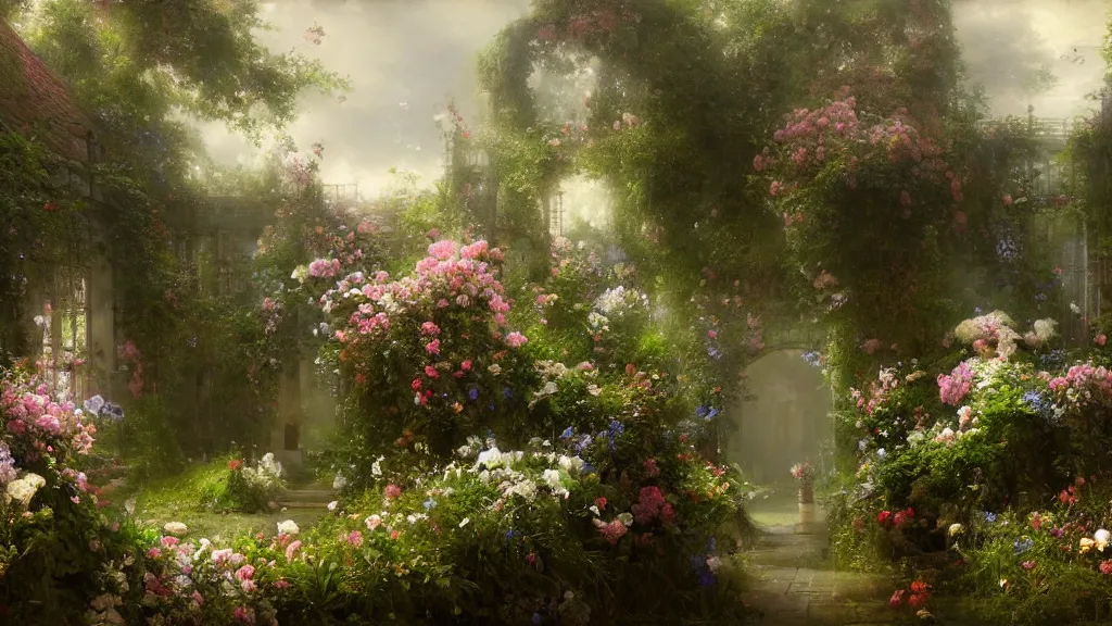 Image similar to a secret garden with many flowers. andreas achenbach, artgerm, mikko lagerstedt, zack snyder, tokujin yoshioka