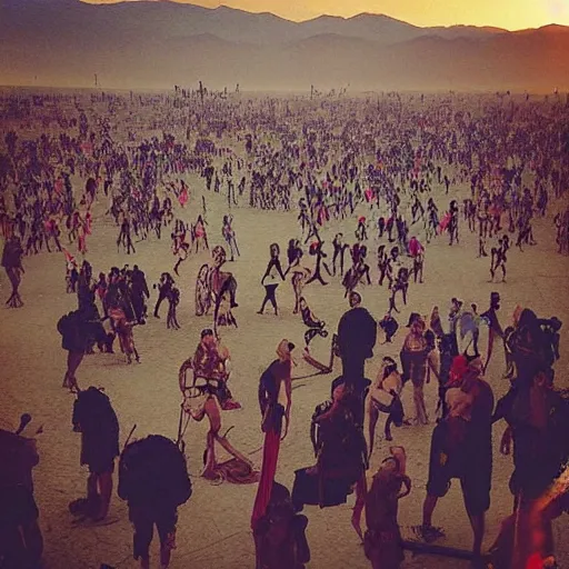 Prompt: “renaissance painting of people at burning man black rock city with steampunk costumes and loud music”