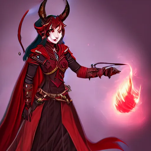 Prompt: Dungeons and Dragons character art for a female tiefling with red skin, horns, and a black cloak