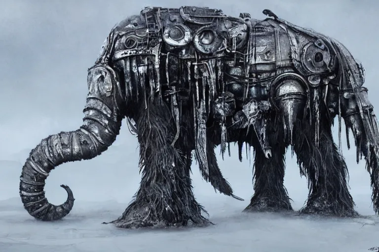 Image similar to a giant steampunk mammoth, post - apocalyptic ice landscape in snowstorm, concept art by hr giger, artstation, highly detailed, digital art