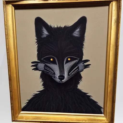 Image similar to portrait of a male anthro anthropomorphic black fox furry fursona with hands on eyes, wearing a suit, 1 9 7 0 s oil on canvas painting, by famous artist jylon denja