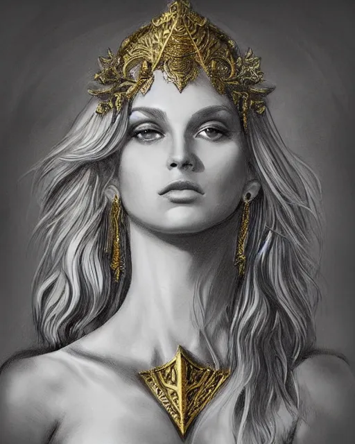 Image similar to tattoo design sketch of hot blonde super model as aphrodite greek goddess wearing a gold laurel wreath and triangle earrings, beautiful piercing gaze with sharp pupils, in the style of greg rutkowski, fantasy, amazing detail, epic, elegant, smooth, sharp focus, front view