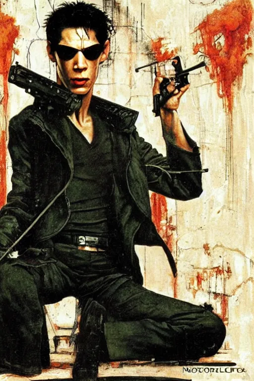 Image similar to Neo from Matrix painted by Norman Rockwell