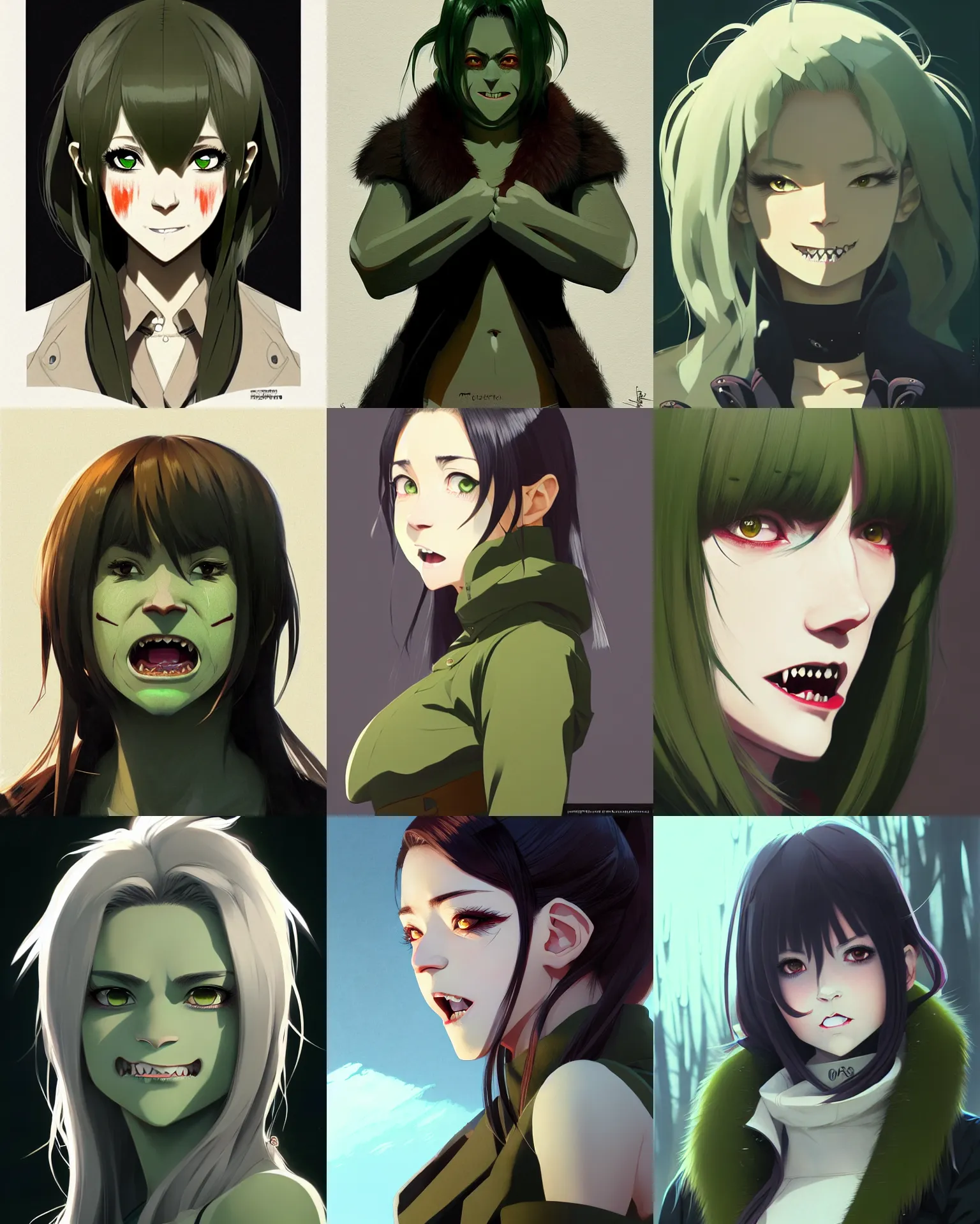 Prompt: a female orc with dull fangs and olive green skin | | very anime, fur overcoat, fine - face, pretty face, realistic shaded perfect face, fine details. anime. realistic shaded lighting poster by ilya kuvshinov, katsuhiro otomo, greg rutkowski, magali villeneuve, artgerm, jeremy lipkin and michael garmash and rob rey