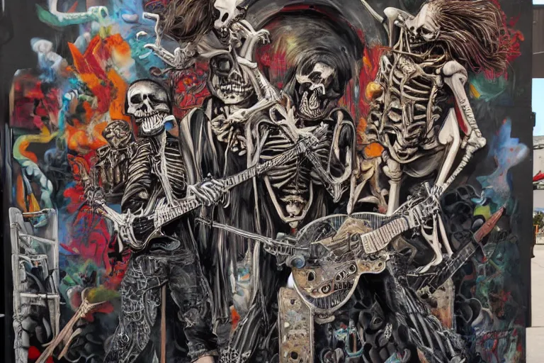 Prompt: skeleton heavy metal band live at coachella, art by danny flynn and simon bisley, trending on artstation, halfrear, oil and canvas, very very intricate, street art