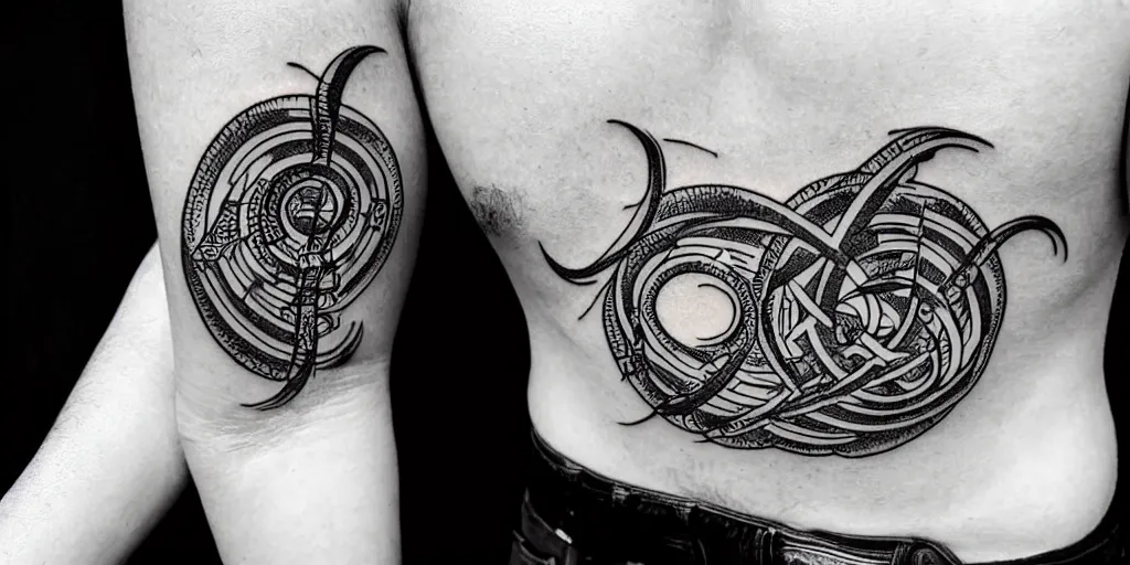 Image similar to black and white tattoo design with alien cryptic calligraphy symbols, by gakkin 8 k, highly detailed