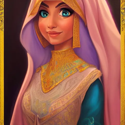 Image similar to a portrait of an arabian princess in a disney movie, oil painting, pale colors, high detail, 8 k, wide angle, trending on artstation,