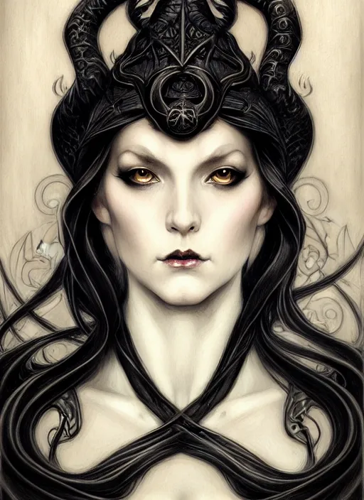 Prompt: an art nouveau, black dragon portrait in the style of charlie bowater, and in the style of donato giancola, and in the style of charles dulac. very large, clear, expressive, intelligent eyes. symmetrical, centered, ultrasharp focus, dramatic lighting, photorealistic digital painting, intricate ultra detailed background.