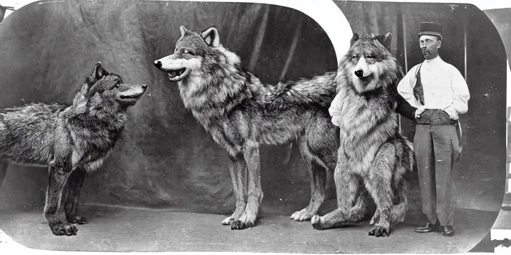 Image similar to anthropomorphic furry wolf at the worlds fair, 1900s photograph