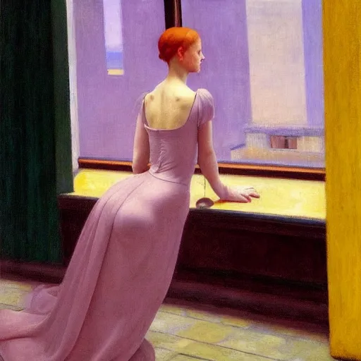 Image similar to a masterpiece of art, film still by edward hopper, by Pontormo, by klimt, art noveau, highly detailed, strong lights, liminal, eerie, Bright pastel colors