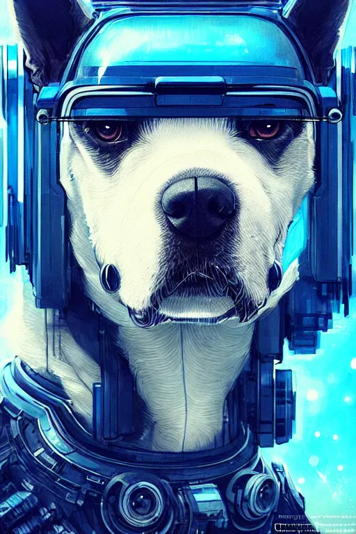 Image similar to a beautiful portrait of a cute cyberpunk dog with blue tinted view of space in the background by greg rutkowski and wlop, digital art, highly detailed, fine detail, intricate, ornate, complex