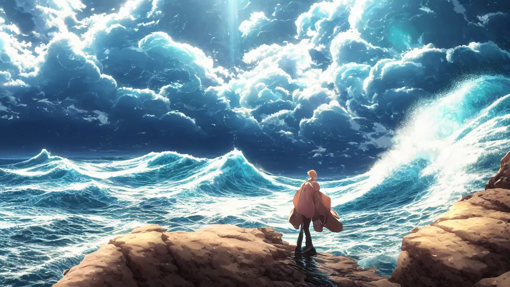 Prompt: highly detailed illustration of an ocean with big waves and lots of high exposure cummulonimbus clouds by makoto shinkai, by oliver vernon, by joseph moncada, by damon soule, by manabu ikeda, by kyle hotz, by dan mumford, by otomo, 4 k resolution