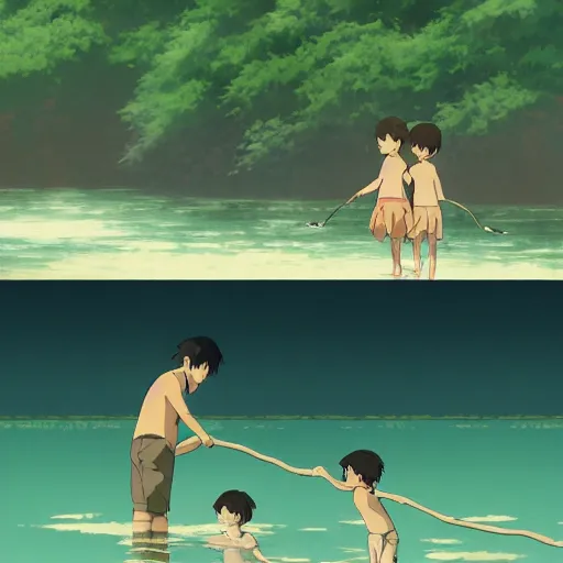 Prompt: two childrens playing in a lake with a branch, by Dice Tsutsumi, Makoto Shinkai, Studio Ghibli