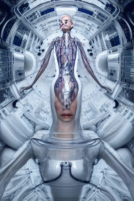 Image similar to background space station, baroque inflateble dress iris van herpen positing on floor, perfect symmetrical, full body shot, white helmet on face, inflateble shapes, wires, tubes, veins, jellyfish, white biomechanical details, wearing epic bionic implants, masterpiece, intricate, biopunk, vogue, highly detailed, artstation, concept art