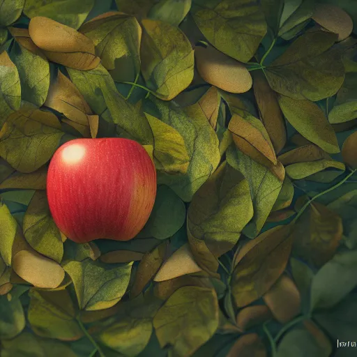 Image similar to An apple laying in the leaves in a forest, octane render, volumetric lighting, depth of field, ambient occlusion, 4K