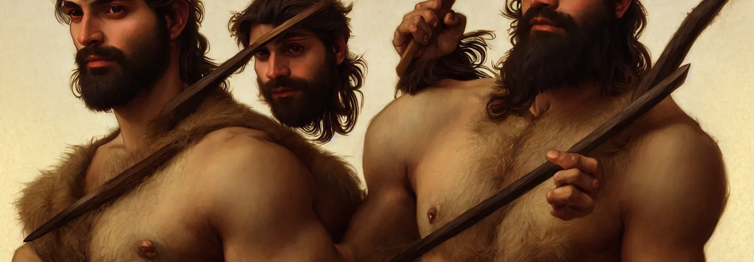 Prompt: renaissance upper body portrait of a gruff ranger with a spear, Persian, lean and toned, handsome face, hairy chest, D&D, intricate, elegant, highly detailed, digital painting, artstation, concept art, matte, sharp focus, illustration, art by da Vinci, Artgerm and Greg Rutkowski and Alphonse Mucha