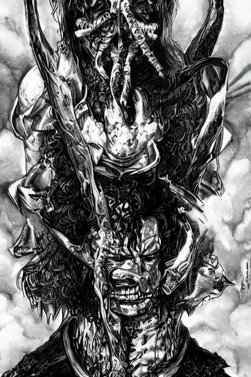 Image similar to Danny Trejo as church nun, dark fantasy, highly detailed, artstation, manga illustration by Kentaro Miura berserk