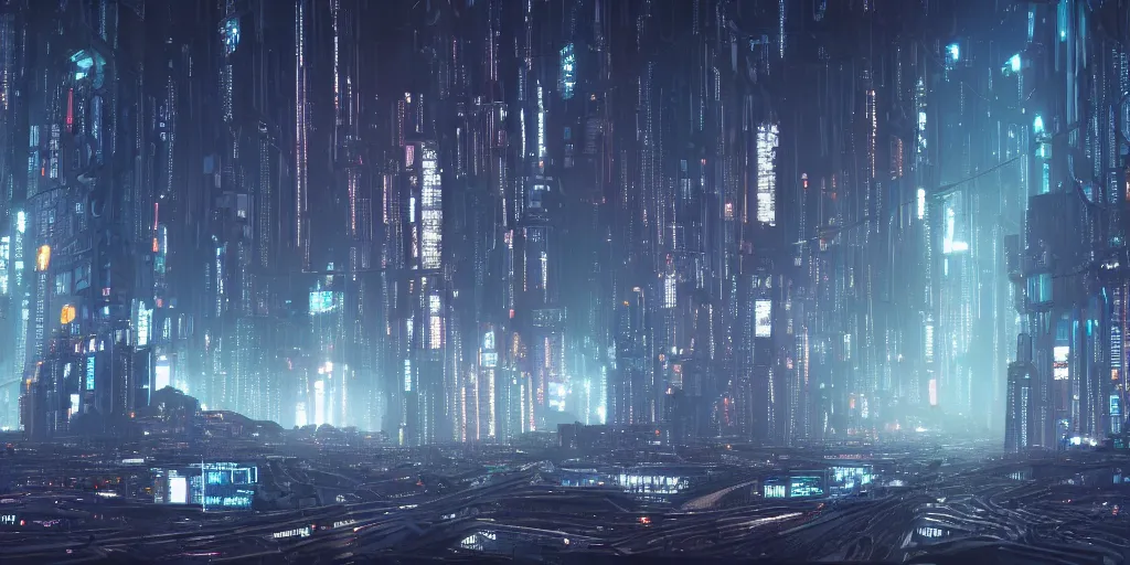 Image similar to a landscape view of a cybernetic cathedral overlooking an higway of data, cyberpunk, beautiful detailed, cinematic, strong lighting, hi - fructose art magazine, photorealistic, 8 k