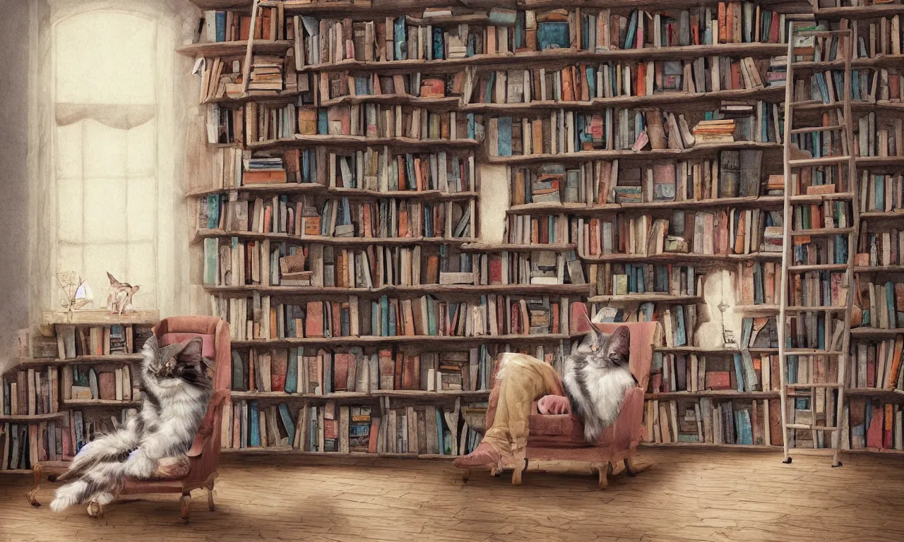 Image similar to bookshelf, maine coon cats, brick streets, ancient manuscripts, a reader in a chair, nordic pastel colors, 3 d art, digital illustration, perfect lighting