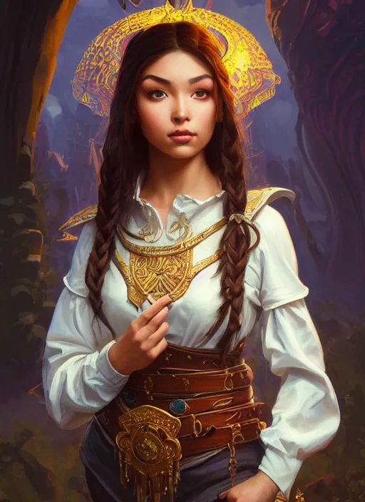 Image similar to portrait of russian mexican asian girl jodhpurs hyperborea lemuria, deep focus, d & d, fantasy, intricate, elegant, highly detailed, digital painting, artstation, concept art, matte, sharp focus, illustration, hearthstone, art by rhads by artgerm and greg rutkowski and alphonse mucha