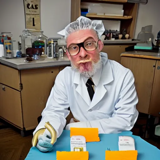 Image similar to professor mouse in his lab, with cheese vials lying around the tables