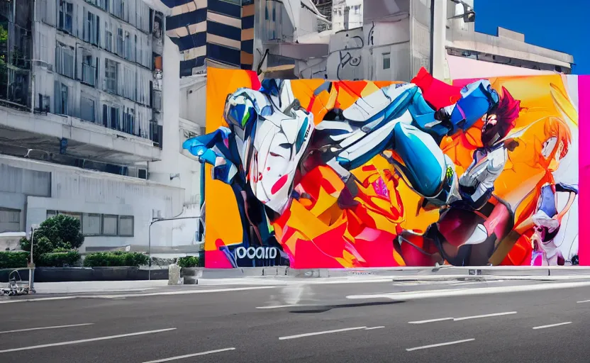 Image similar to billboard advertisement with an extremely beautiful photo of a white marble statue of an anime girl with colorful motocross logos and motorcycle helmet with closed visor, colorful smoke in the background, carved marble statue, fine art, neon genesis evangelion, virgil abloh, offwhite, denoise, highly detailed, 8 k, hyperreal