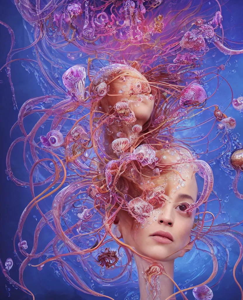 Image similar to close-up portrait of the face of a beautiful princess, surrounded by intricate twisted flowers orchid jellyfish and energy flow, water and plasma flow splashes, epic angle and pose, symmetrical artwork, 3d with depth of field, blurred background, floating jellyfish skull phoenix bird, translucent, nautilus, energy flows of water and fire. a highly detailed epic cinematic concept art CG render. made in Maya, Blender and Photoshop, octane render, excellent composition, cinematic dystopian brutalist atmosphere, dynamic dramatic cinematic lighting, aesthetic, very inspirational, arthouse. y Greg Rutkowski, Ilya Kuvshinov, WLOP, Stanley Artgerm Lau, Ruan Jia and Fenghua Zhong