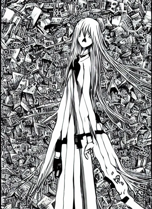 Image similar to hatsune miku by junji ito and kentaro miura, horror manga, detailed, eerie