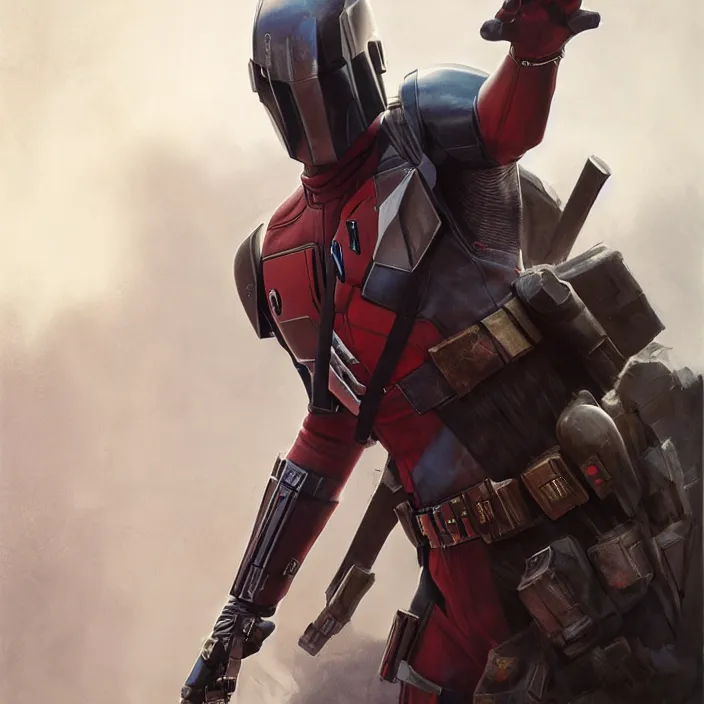 Image similar to mandalorian deadpool, futuristic, dramatic light, soft, sharp focus, concept art by greg rutkowski and ruan jia