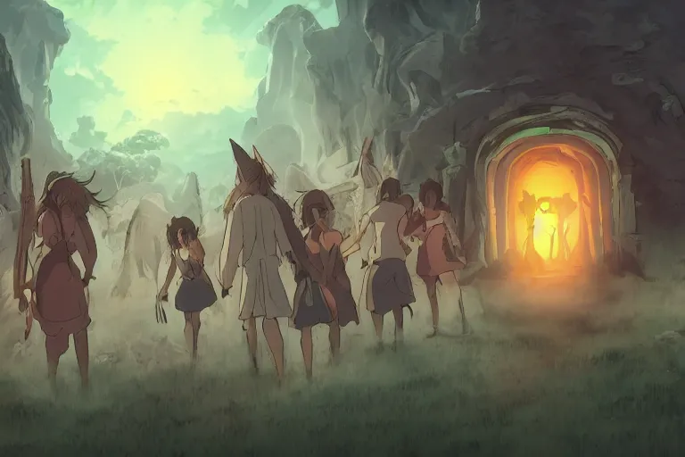 Image similar to cell shaded key visual of a group demons emerging from a portal, dramatic lighting, in the style of studio ghibli, moebius, makoto shinkai,