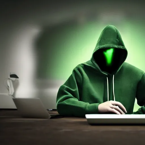 Image similar to donkey wearing a hoodie sweatshirt, hacking in to a computer using a laptop, while in a dark room or basement, with matrix style green text background