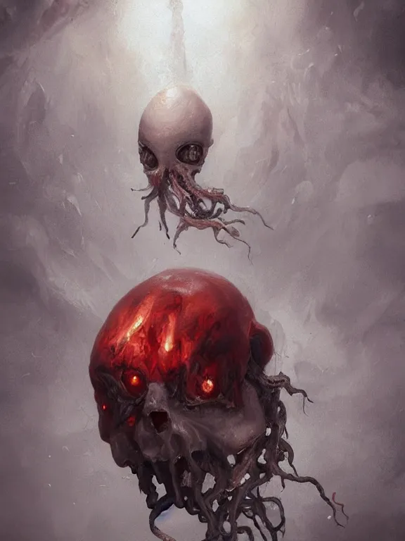 Image similar to painting by greg rutkowski of a flying sorrowful looking human head with tears running down it's eyes, face that is chalk white in color, with long sprawling white tentacles stemming down it's neck, fiery scorching red eyes, flying in a terrying hellish dark cavernous place