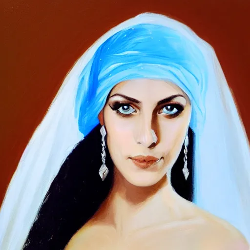 Prompt: young Monica Belluci as an Arab woman, tanned skintone, bright blue eyes, white transparent veil, glare face, light blue dress portrait, painting