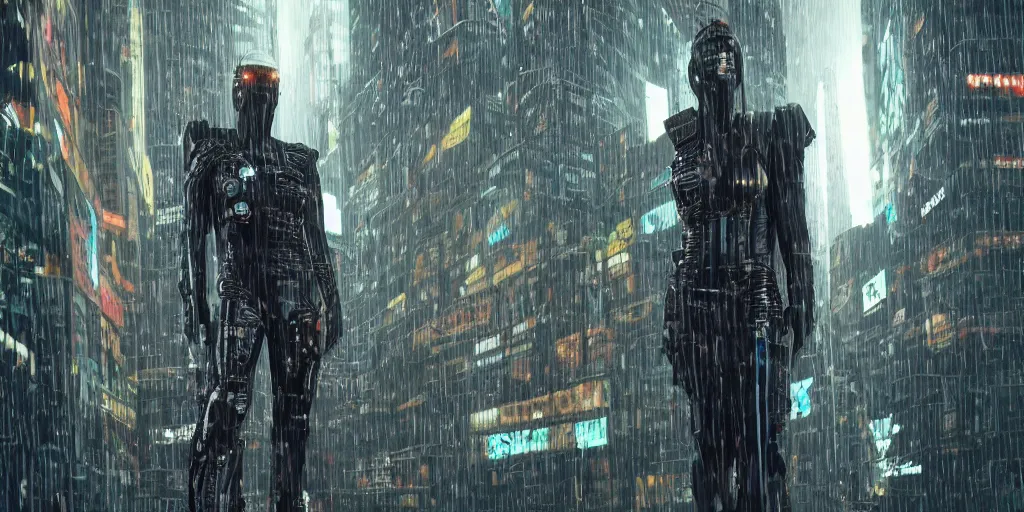 Image similar to cyberpunk statue, rain, space