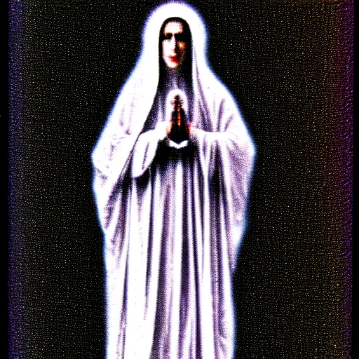 Image similar to vhs static overlay of marian apparition, vhs, 1 9 9 0, highly realistic, highly detailed, vhs noise static, black and white, vhs glitch