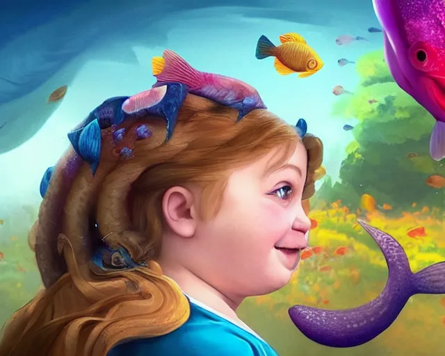 Image similar to of a very beautiful scene. a sweet fat little girl is in love with a huge, colorful and beautiful fish. hyper realistic. 4 k. wide angle. in the baroque style. wild. symmetrical face, red mouth, blue eyes. deep focus, lovely scene. processing block environment. concept art. unreal engine.