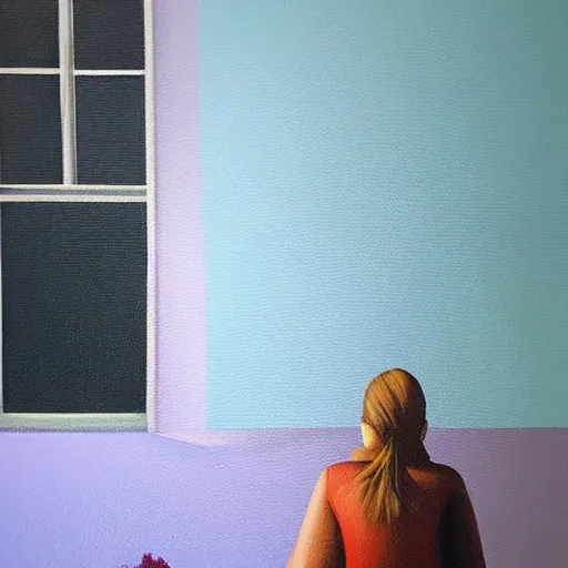 Image similar to woman sitting by the window waiting for someone, low key acrylic painting, stunning masterpiece by a very talented artist , very beautiful