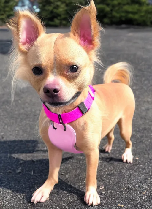 Prompt: fully grown tan pit bull, long - haired chihuahua, pomeranian mix, wearing a pink harness