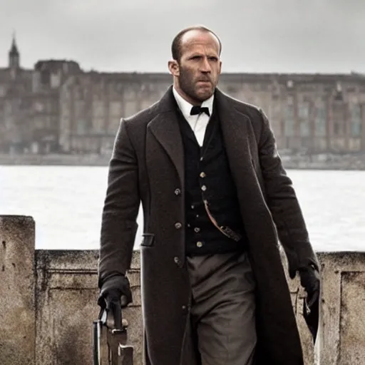 Image similar to cinematic still, jason statham as sherlock holmes!!!!!!