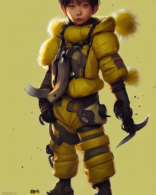 Image similar to a tiny combat kid wearing a puffy yellow jacket and a katana, smooth, intricate, elegant, digital painting, artstation, concept art, sharp focus, octane render, illustration, art by ayami kojima, apex legends character,