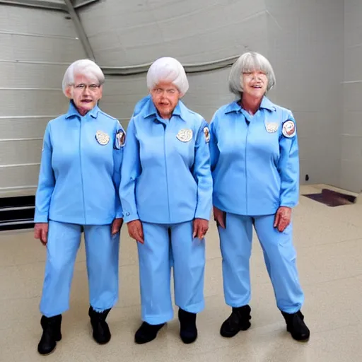 Image similar to troop 1 2 0 - year - old grannies with white bob hairdos, tight light blue neopren suits, futuristic cloning facility, sci - fi, highly detailed, cinematic