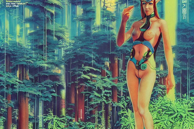 Prompt: 1979 OMNI Magazine Cover of a nature Druid elf At a Garden park in Neo-Tokyo in cyberpunk style by Vincent Di Fate