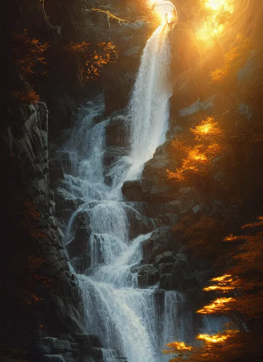 Prompt: detailed intricate digital illustration by greg rutkowski and artgerm and wlop and sanford robinson gifford ; shimmering waterfall in background ; 1 3 mm film, arri alfa anamorphic lens ; sharp focus, golden hour lighting, trending on artstation 4 k